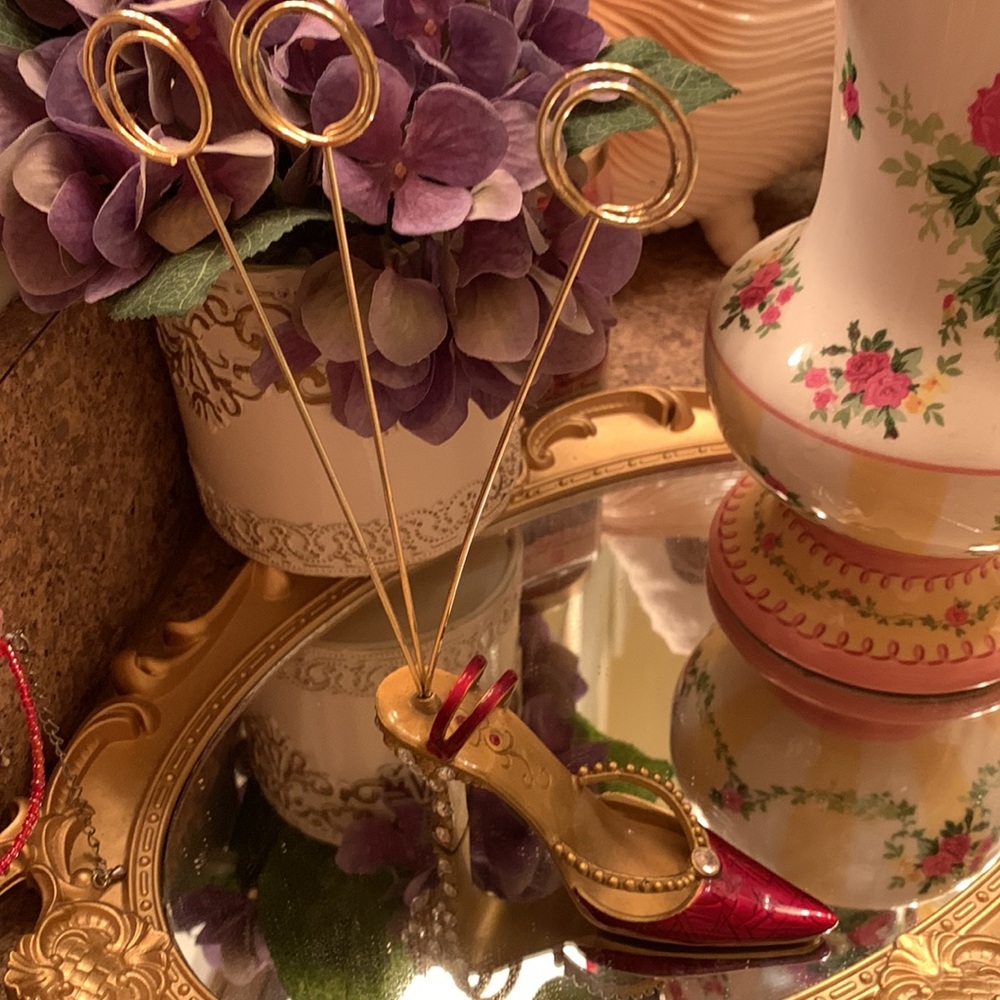 Classy Red Stiletto Mini High Heel Gold Enamel w/ Rhinestones Photo/ Note Holder